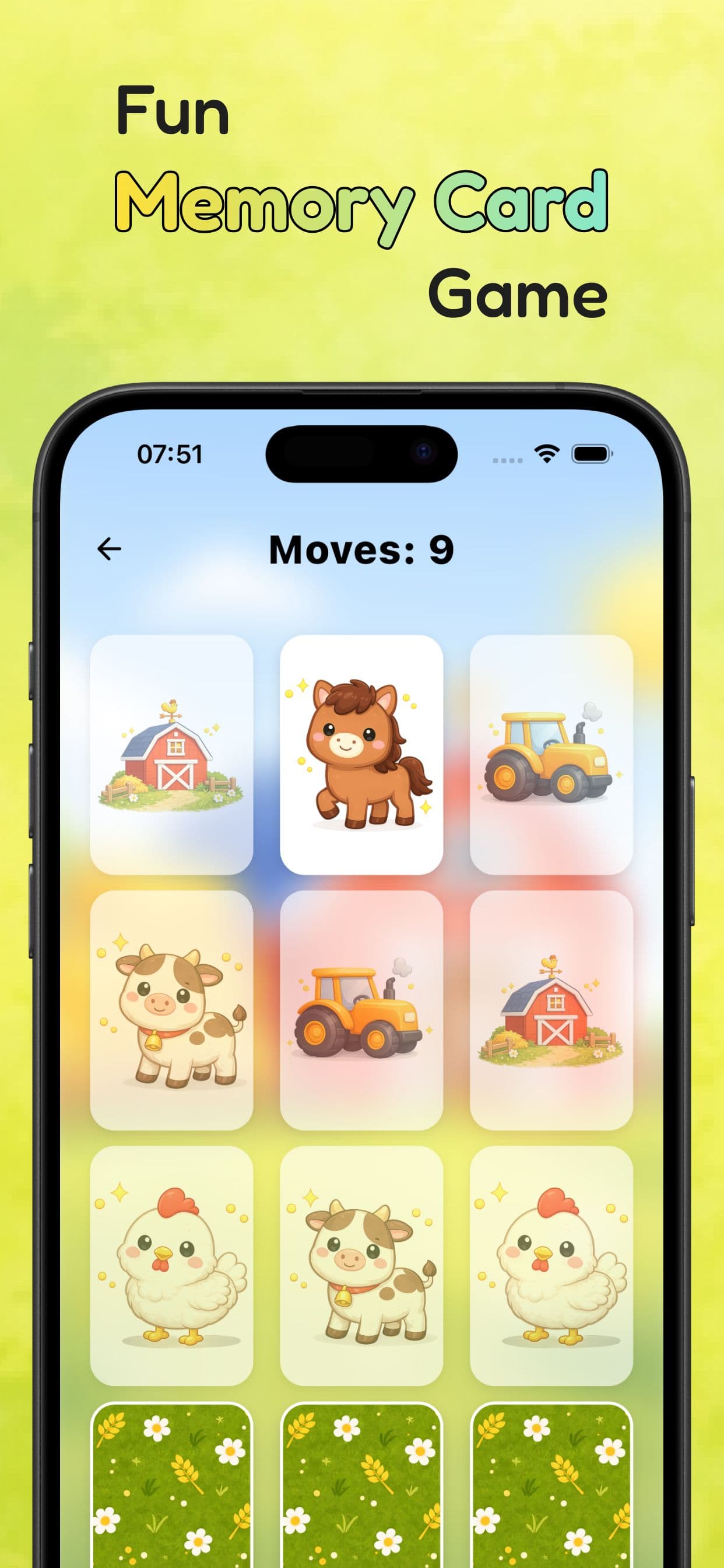 Illustration of a memory game in play. The caption says "Fun memory card game". The farm theme is selected.