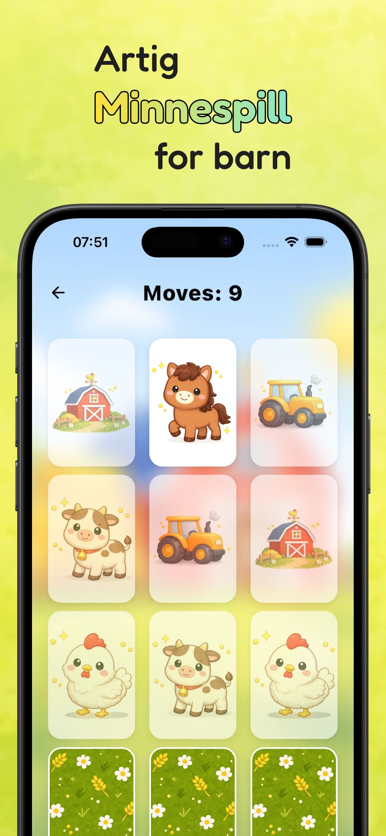 Illustrasjon av et minespill av typen kortspill, men teksten "artig minnespill for barn"