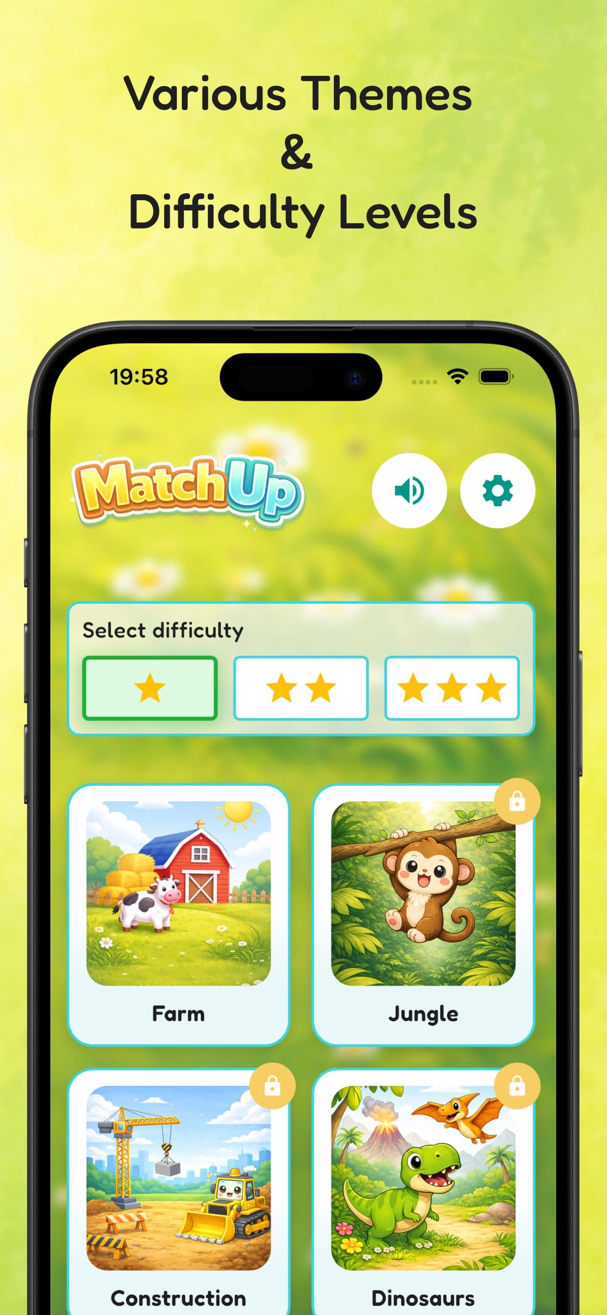 Illustration of the menu of the memory card game, where you can select theme and difficulty. The caption says: "Various themes & Difficulty levels"