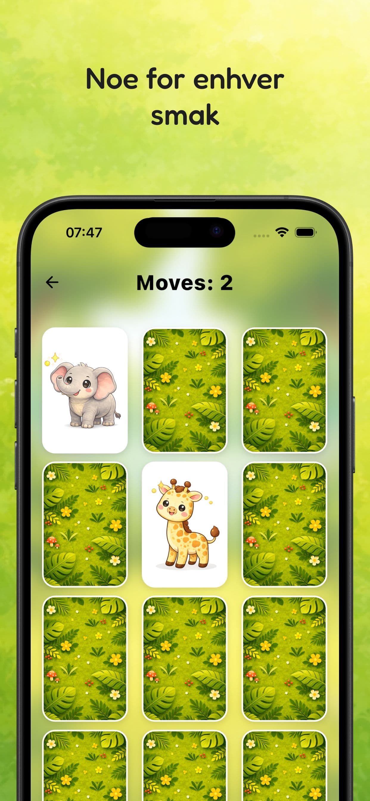 Illustrasjon av kortene i minnespillet lukket og noen åpen med "jungel" tema valgt. Teksten lyder "Noe for envher smak"