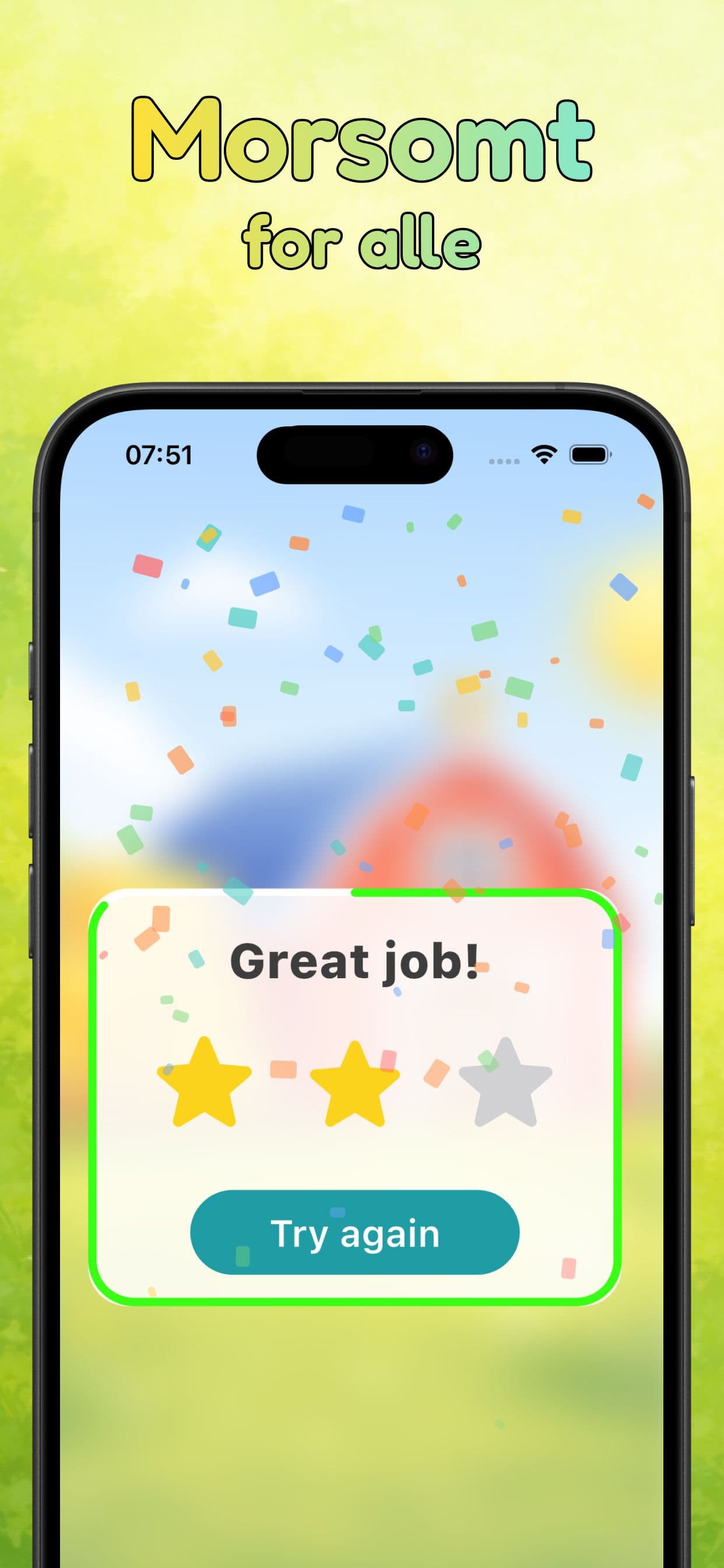 Illustrasjon av spillet når du har klart en runde og får stjerner som belønning basert på vanskelighetsgrad. Teksten lyder "Morsomt for alle".