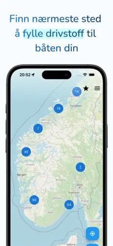 BIlde av et kart på en mobil med steder man kan fylle drivstoff