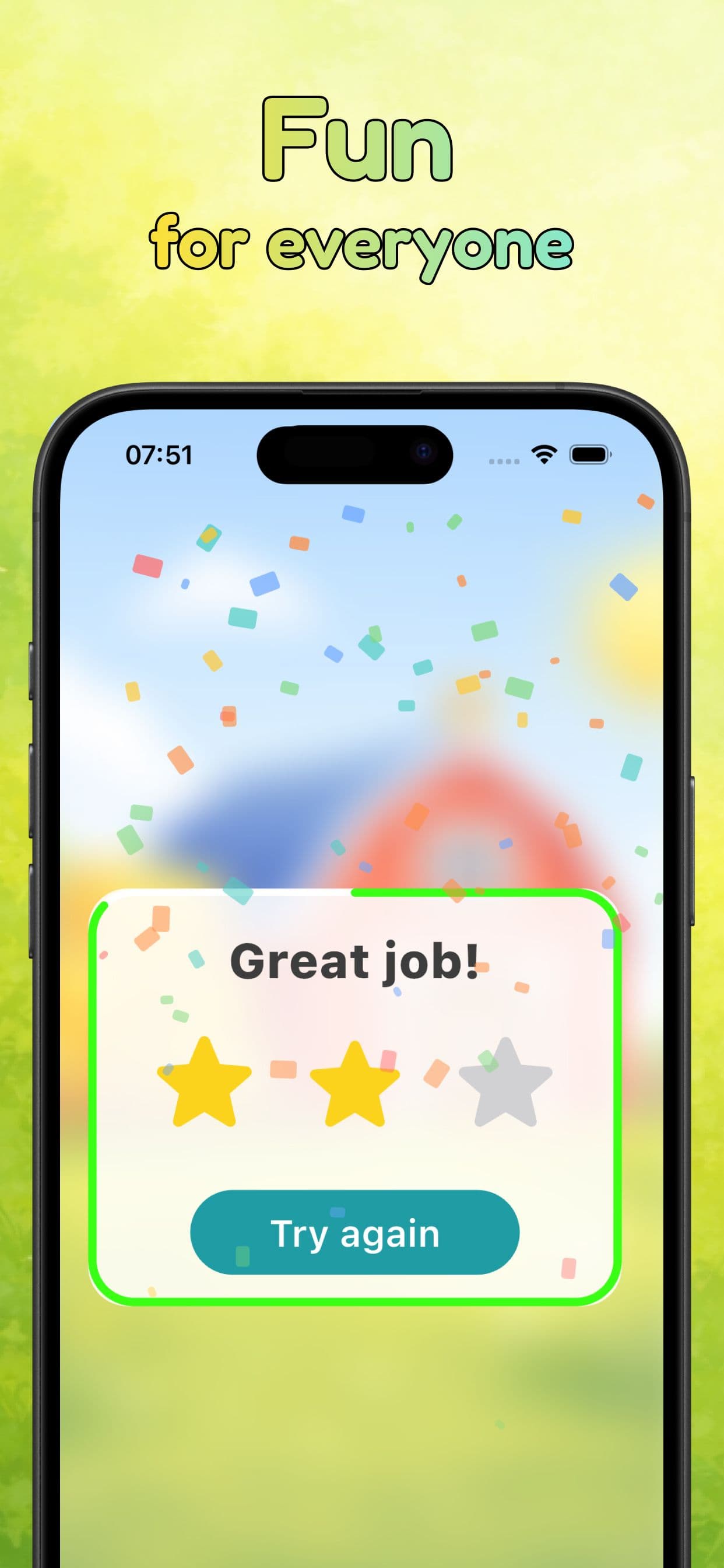 Image of the victory screen in the game, Confetti rains above the number of stars you receive based on difficulty level when completing a game. The caption says: "Fun for everyone"