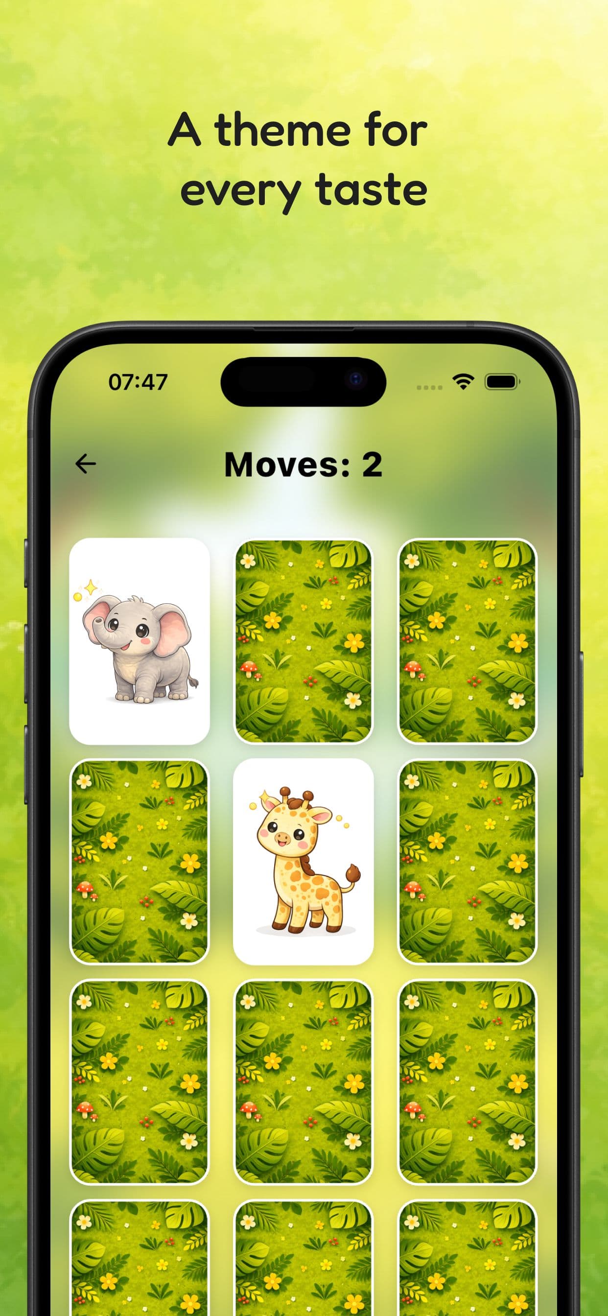 Illustration of the jungle theme game in progress, where a few cards are flipped. The caption says "A theme for every taste"